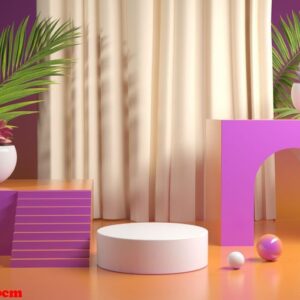 podium stage with gradient colorful with plants 3d render