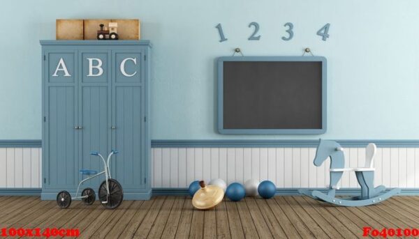 retro child playroom with blue cabinet, blackboard and toys 3d rendering