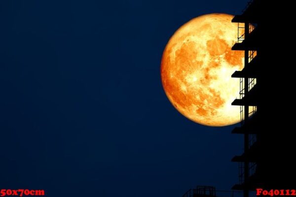 super harvest blood moon and silhouette building in the night sk