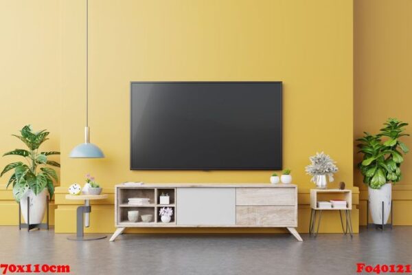 tv on cabinet in modern living room with lamp,table,flower and plant on yellow wall background.