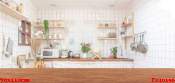 wood table top on blur kitchen room background .