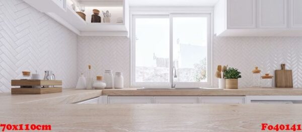 wooden top on background of modern kitchen with window and shelves. 3d illustration.