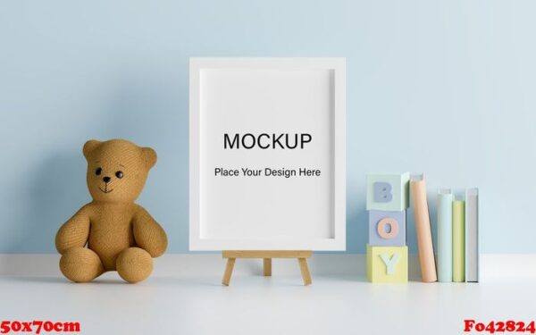 mock up poster frame with cute teddy bear for a boy baby shower