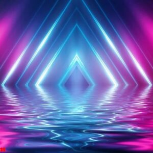 abstract dark futuristic background. neon rays of light are reflected from the water. background of empty stage show, beach party. 3d illustration