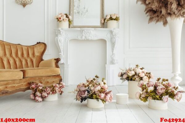 beautiful provance living room with brown sofa near fireplace with flowers and candles