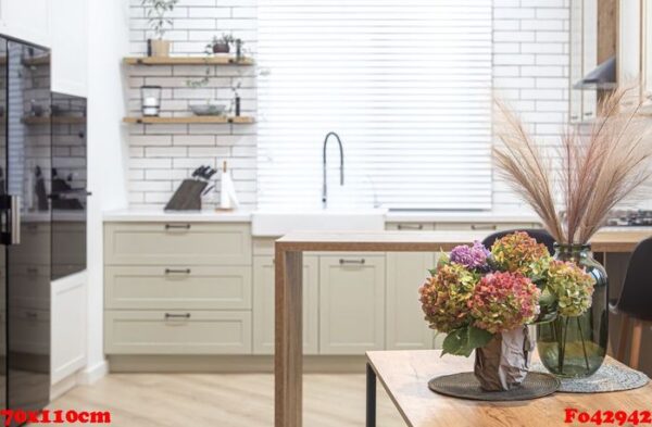 bouquet of flowers on the background of the interior of a modern kitchen in a scandinavian style.