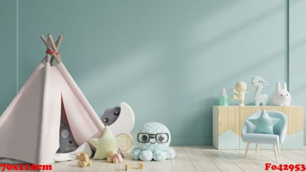 children's playroom with tent and table sitting behind the blue wall.