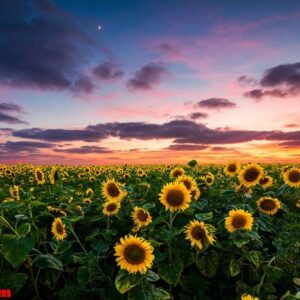 field of blooming sunflowers on a background sunset