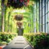 green alley with flowers hanging in pots.