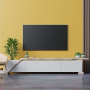 living room led tv on yellow wall with armchair and cabinet tv on yellow wall background.