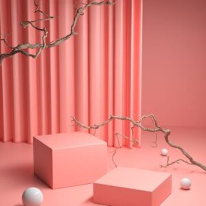 mockup pink podium with dry twigs and clean curtain background 3d render