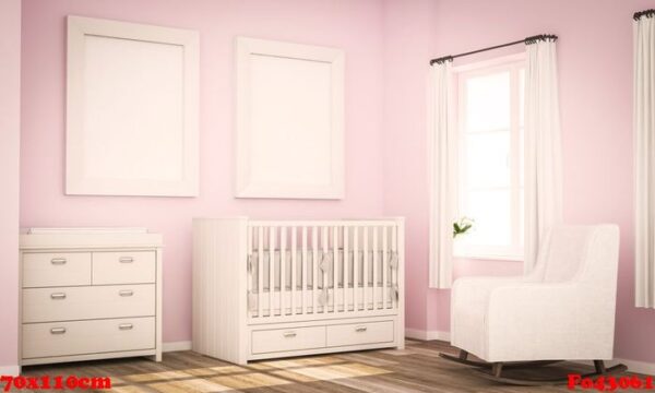 mockup of two blank frames on baby room pink wall