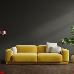 modern living room interior with illuminating sofa and green plants,lamp,table on ultimate gray wall background.