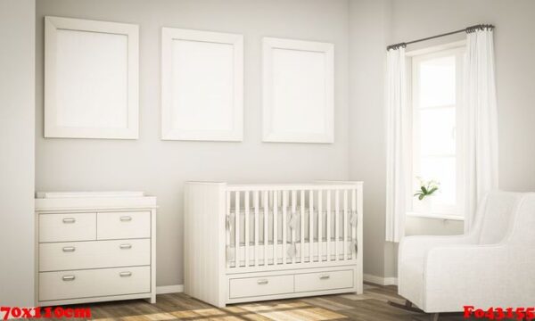 three poster mockup on baby room wall