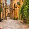 valletta, malta. old medieval empty street with yellow buildings and flower pots