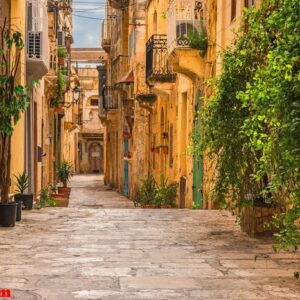 valletta, malta. old medieval empty street with yellow buildings and flower pots