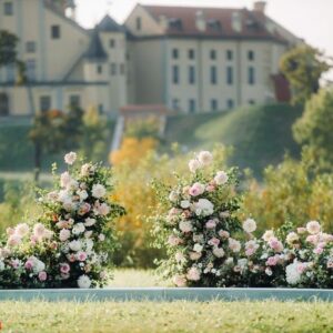 wedding ceremony on the street on the green lawn.decor with fresh flowers arches for the ceremony