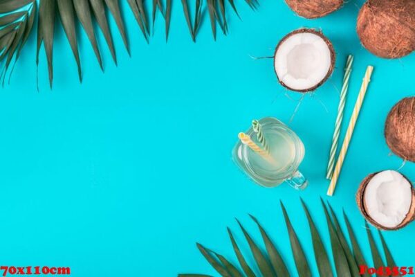 coconut water and coconuts on a bright pastel background.