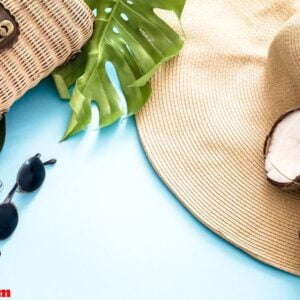 colorful summer with coconuts and beach hat