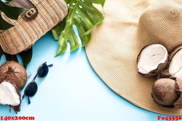 colorful summer with coconuts and beach hat