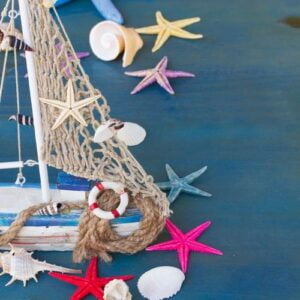 seashells, starfish and boat