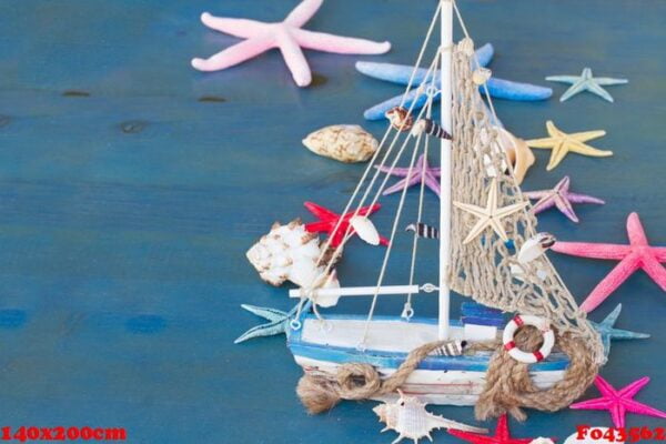 seashells, starfish and boat with copy space