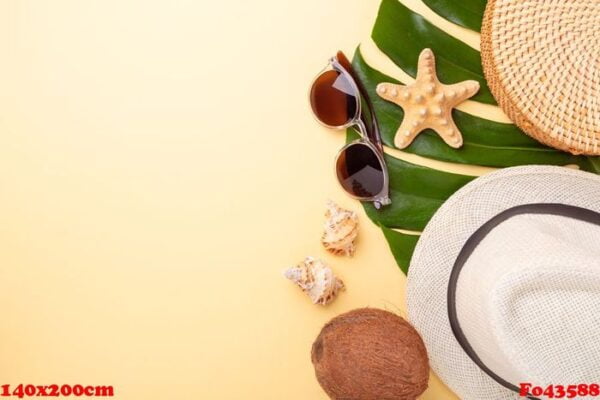 summer vacation banner. rattan bag, sunglasses, hat and exotic fruits on yellow background. travel concept. flat lay. copy space