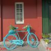 bicycle near traditional scandinavian house