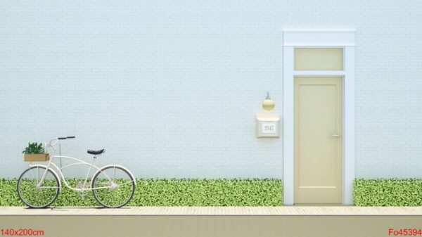 bicycle and yellow door on white brick background 3d rendering