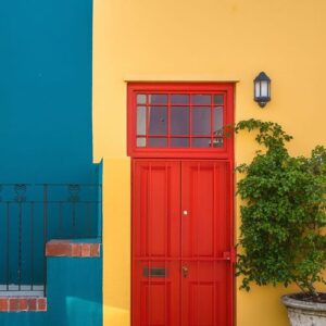 closeup shot of the red door of a yellow building and a plant next to it