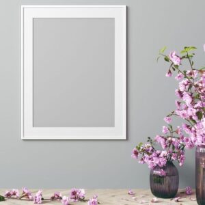 mock up poster frame in modern interior with pink flowers and gr