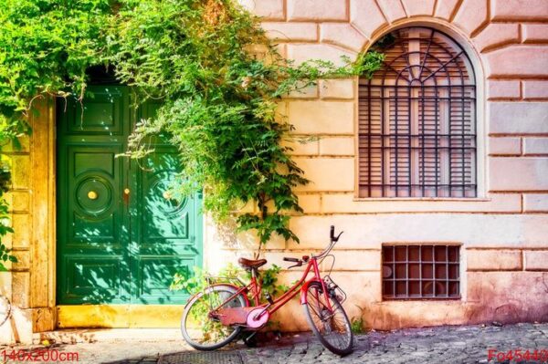 old house wall in trastevere, rome, italy with a red bicycle and green door. old cozy street in rome