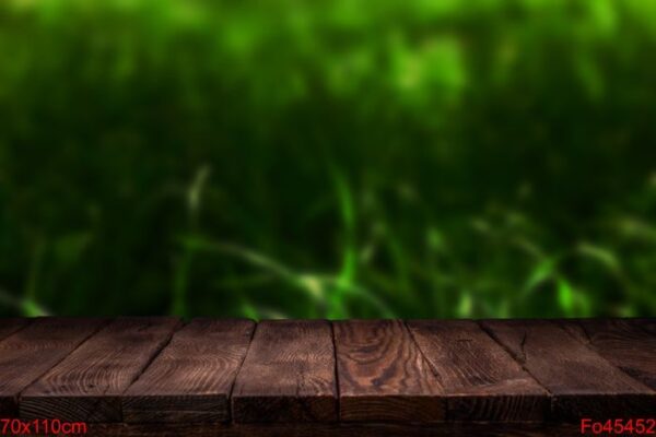 scene creator. mockup. empty wooden deck table with summer bokeh background.