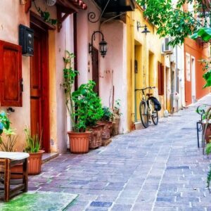 traditioanl colorful narrown streets of greek town rethymno, cre