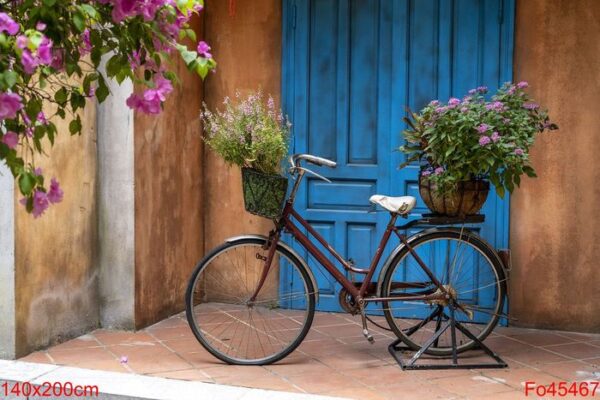 vintage bike with basket full of flowers next to an old building in danang, vietnam, close up