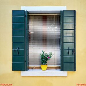 window with green shutters and flowers in the pot. italy, venice, burano