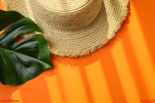 straw hat and palm leaf on orange background