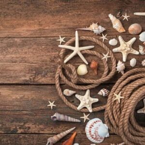 vintage sea background with seashells, starfish and rope on a brown wooden background.