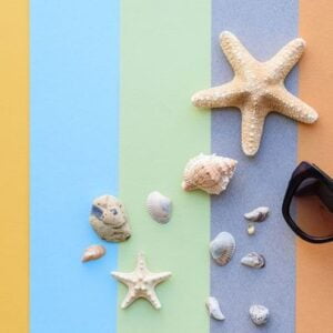 beach accessories: glasses and hat with shells and sea stars on a colored background