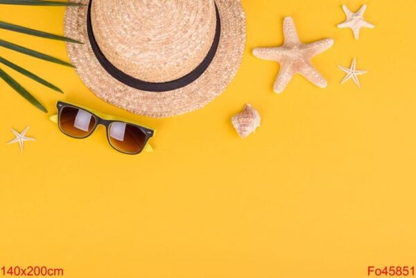 beach accessories: glasses and hat with shells and sea stars on a colored background