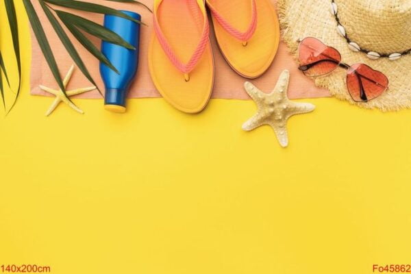 beach accessories, palm leaf and decorative starfish on colored