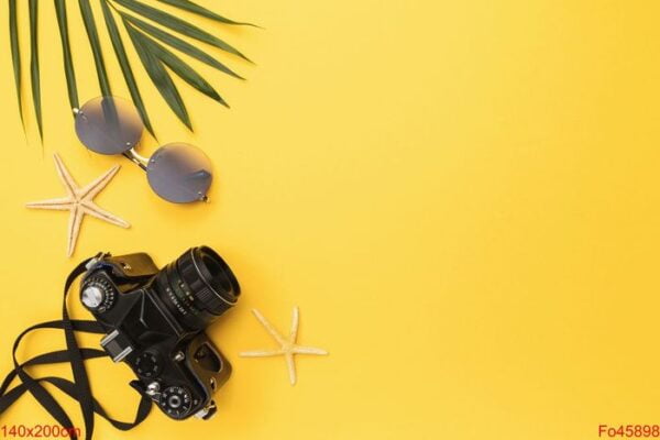 photo camera, sunglasses, starfish and palm leaf on a yellow bac