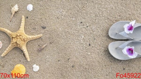 summer background with flip flops and seashells on a sandy beach. space for text