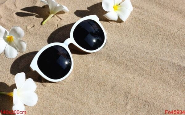 sunglasses with white plumeria flower on sand. summer backgroun