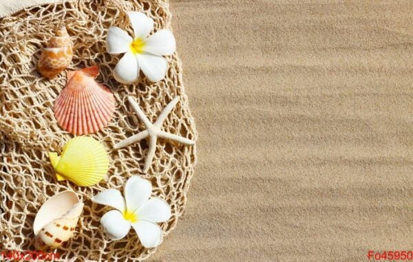 white plumeria flowers with starfish and seashells on mesh beach