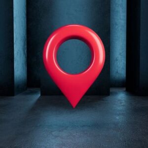 3 d red location symbol. map pointer icon on a dark blue background. 3 d illustration.