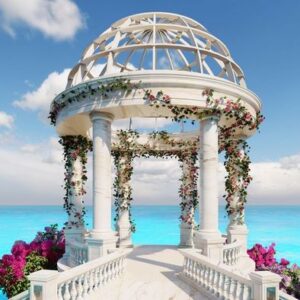 stone marble pavilion with sea background