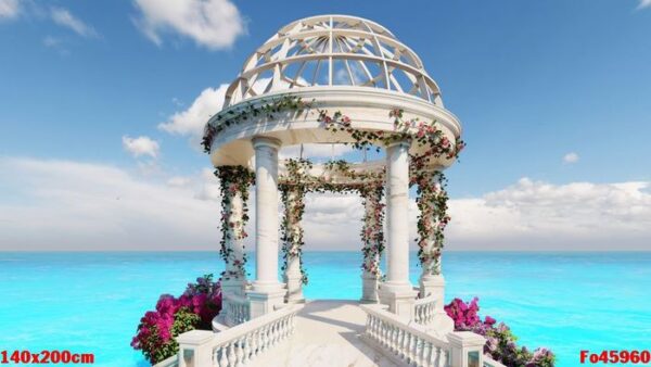 stone marble pavilion with sea background