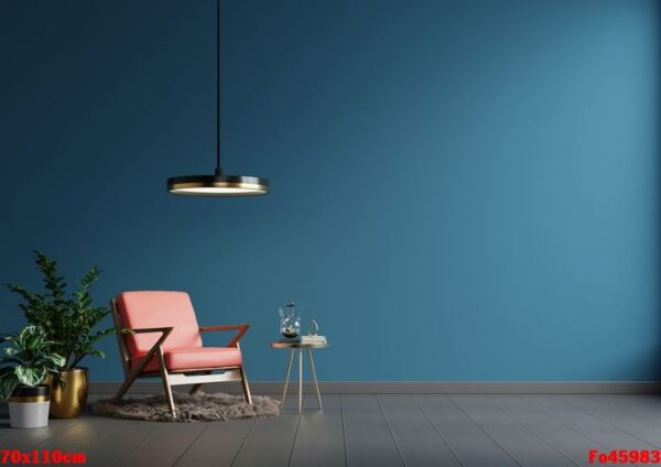 interior wall mockup in blue tones with red leather armchair on dark wall background.