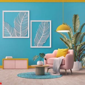 living room design with blue,pink and yellow color.plant on background and leaf canvas.3d rendering